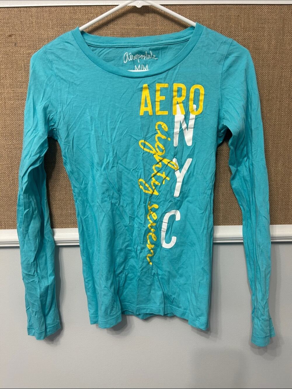 Aeropostale Teal Long-Sleeve Graphic Tee with Yellow & White Lettering